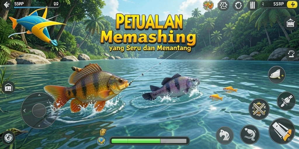 Screenshot gameplay 55RP menampilkan sesi memancing yang seru dengan berbagai jenis ikan.