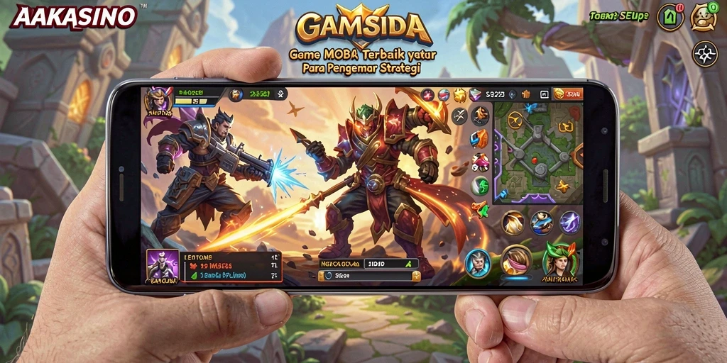 Screenshot gameplay AAKASINO menampilkan aksi seru dalam pertempuran MOBA.