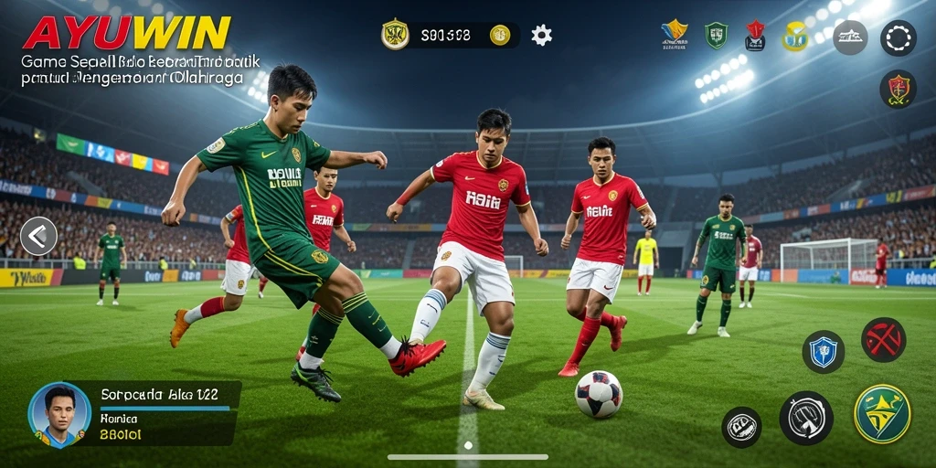 Screenshot utama dari AYUWIN menampilkan aksi sepak bola yang mendebarkan.