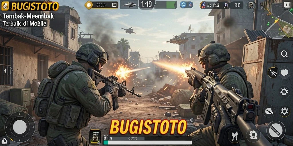 Screenshot dari gameplay intens BUGISTOTO dalam pertempuran TPS.