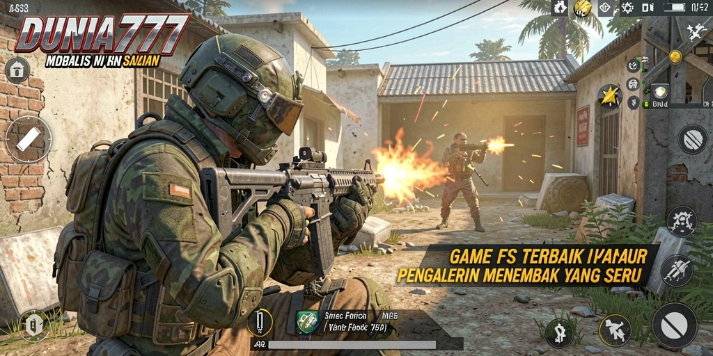 Screenshot DUNIA777 menunjukkan pertarungan intens dalam atmosfer FPS.