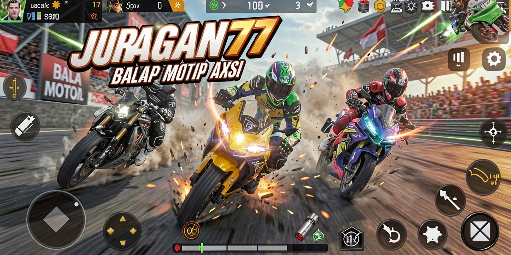 Screenshot gameplay JURAGAN77 menampilkan adegan balap motor yang seru.