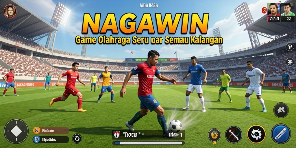 Tangkapan layar utama NAGAWIN dengan aksi seru di lapangan olahraga.
