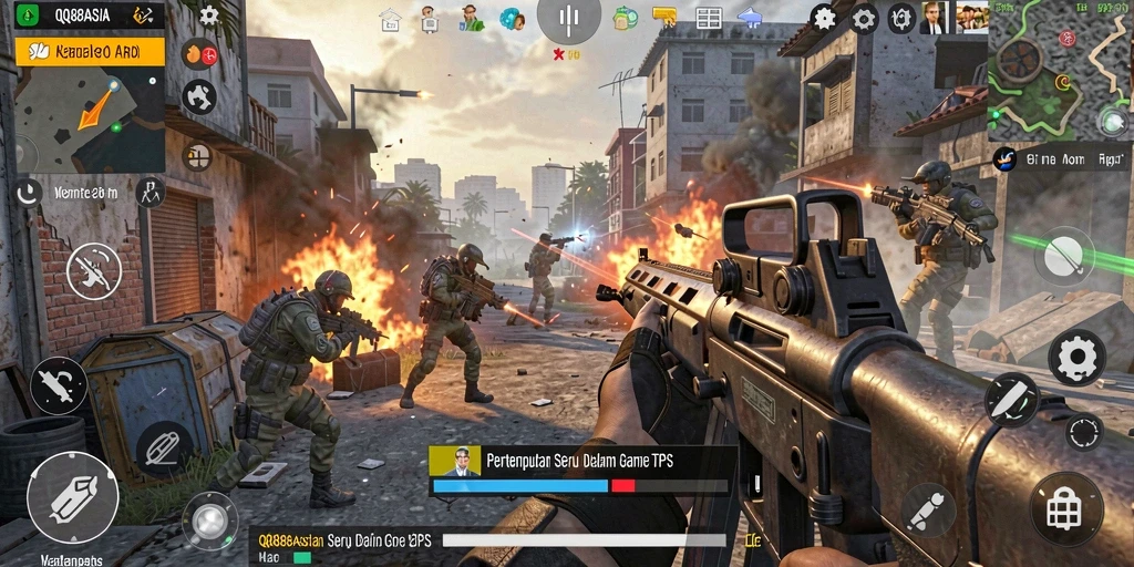 Screenshot gameplay QQ88ASIA menampilkan aksi tembak-menembak yang mendebarkan.