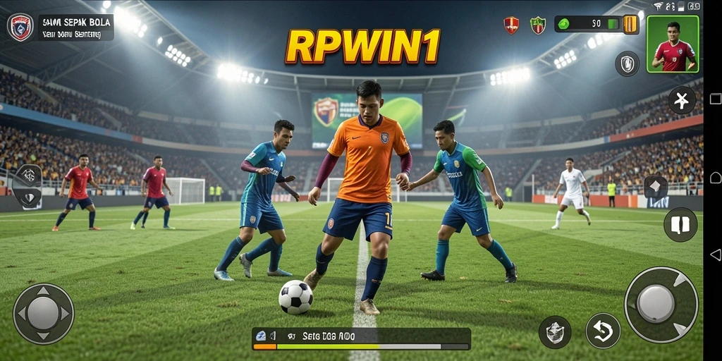 Screenshot menunjukkan aksi intens dari pertandingan sepak bola di RPWIN1.
